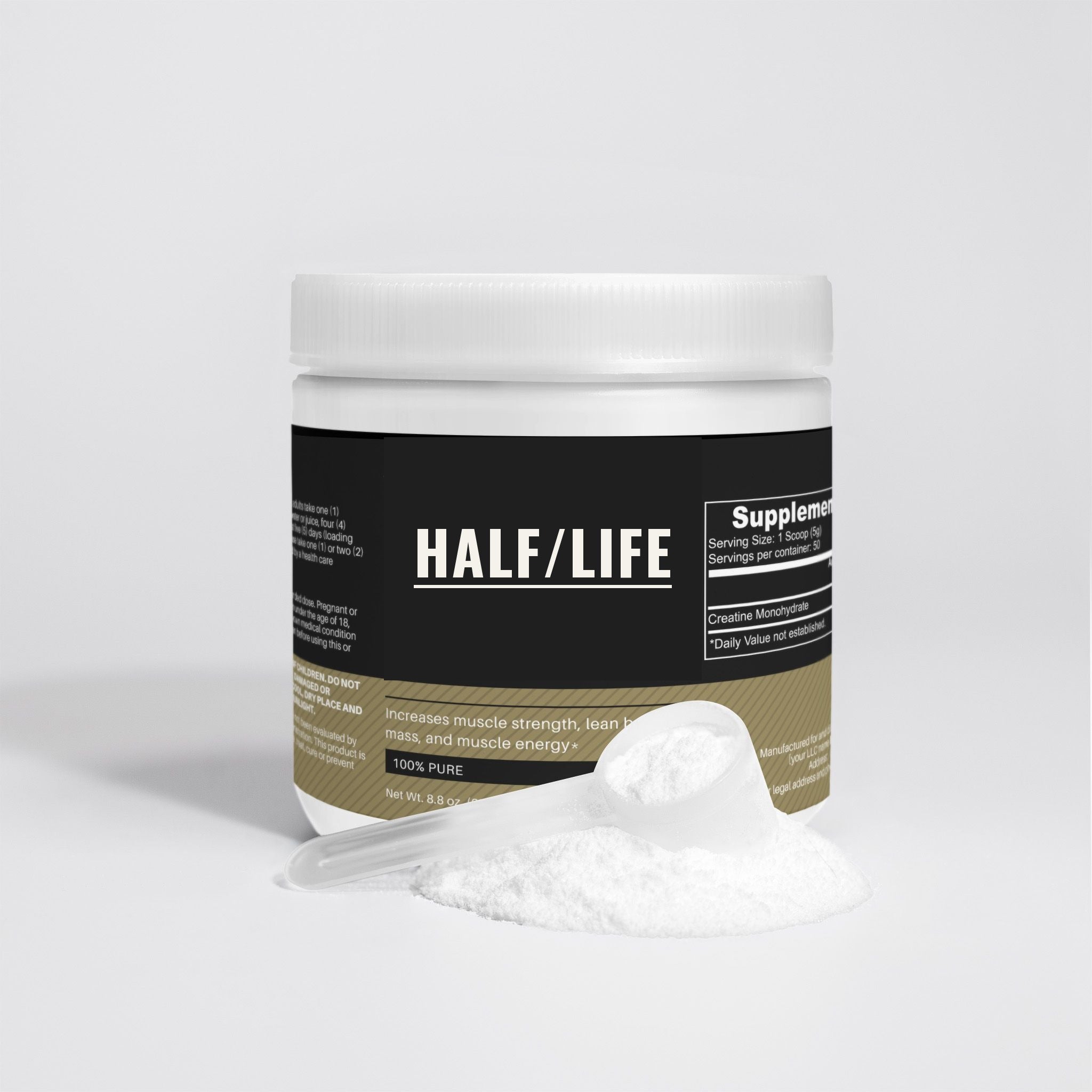 HALF/LIFE creatine tub, front, with powder pile